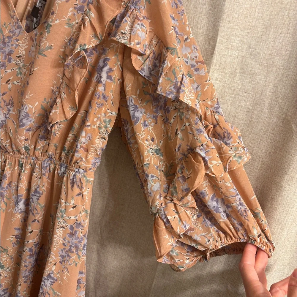 GiGio USA Floral Ruffle Dress in Tan and Purple - Picture 3 of 4